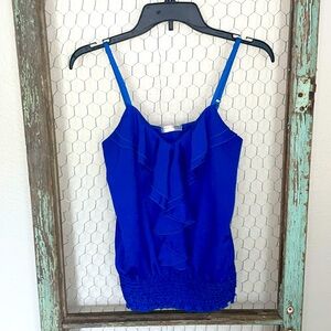 Small Blue Spaghetti Strap Ruffle Front Top. Elastic Waist. Adjustable Straps.